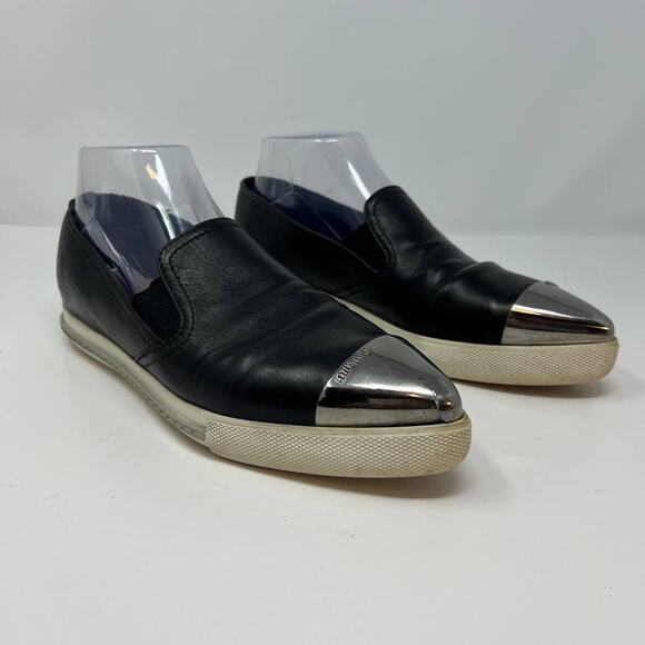 Miu Miu Loafers Women's 38.5 Black Leather Silver Toe Cap Slip On Luxury Shoes - Picture 7 of 16